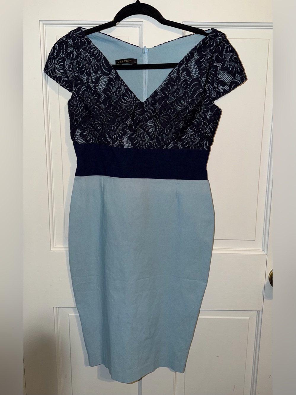 Vesper Two-Tone Lace Midi Dress in Light Blue and Navy